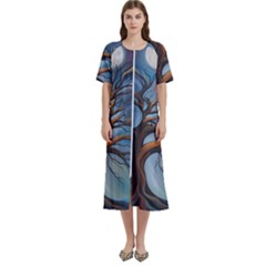 Tree Branches Mystical Moon Expressionist Oil Painting Acrylic Painting Abstract Nature Moonlight Ni Women s Cotton Short Sleeve Nightgown by Maspions