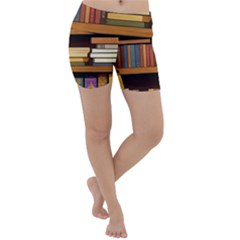 Book Nook Books Bookshelves Comfortable Cozy Literature Library Study Reading Room Fiction Entertain Lightweight Velour Yoga Shorts by Maspions