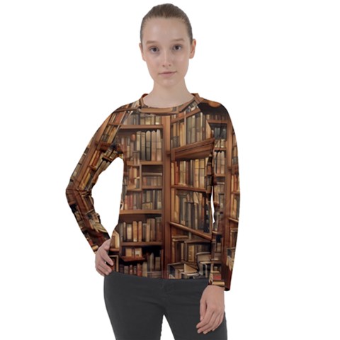 Room Interior Library Books Bookshelves Reading Literature Study Fiction Old Manor Book Nook Reading Women s Long Sleeve Raglan T-shirt by Grandong