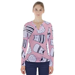 Cute Cats Cartoon Seamless-pattern V-neck Long Sleeve Top by Apen