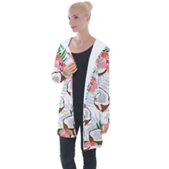 Seamless Pattern Coconut Piece Palm Leaves With Pink Hibiscus Longline Hooded Cardigan by Apen
