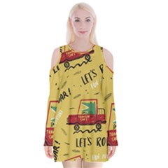 Childish Seamless Pattern With Dino Driver Velvet Long Sleeve Shoulder Cutout Dress by Apen
