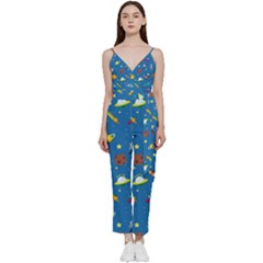 Space Rocket Solar System Pattern V-neck Camisole Jumpsuit by Apen