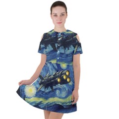 Spaceship Starry Night Van Gogh Painting Short Sleeve Shoulder Cut Out Dress  by Maspions