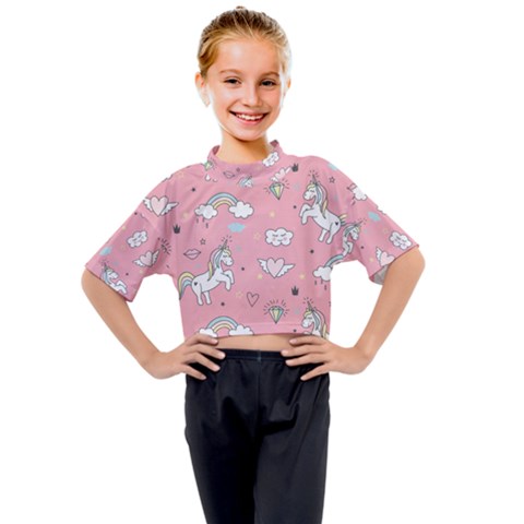 Cute Unicorn Seamless Pattern Kids Mock Neck T-shirt by Apen