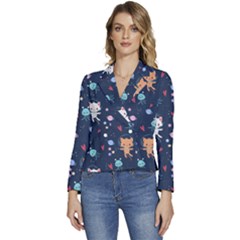 Cute Astronaut Cat With Star Galaxy Elements Seamless Pattern Women s Long Sleeve Revers Collar Cropped Jacket by Apen