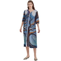 Tree Branches Mystical Moon Expressionist Oil Painting Acrylic Painting Abstract Nature Moonlight Ni Women s Cotton 3/4 Sleeve Nightgown by Maspions