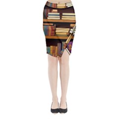 Book Nook Books Bookshelves Comfortable Cozy Literature Library Study Reading Room Fiction Entertain Midi Wrap Pencil Skirt by Maspions