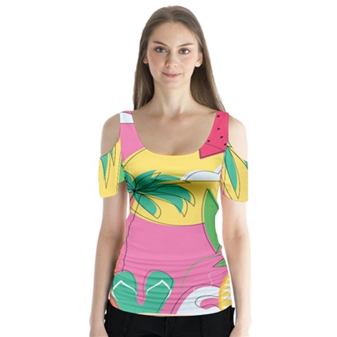 Ocean Watermelon Vibes Summer Surfing Sea Fruits Organic Fresh Beach Nature Butterfly Sleeve Cutout T-shirt  by Maspions
