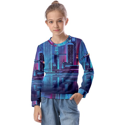 Digital Art Artwork Illustration Vector Buiding City Kids  Long Sleeve T-shirt With Frill  by Maspions