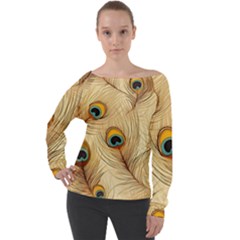 Vintage Peacock Feather Peacock Feather Pattern Background Nature Bird Nature Off Shoulder Long Sleeve Velour Top by Maspions