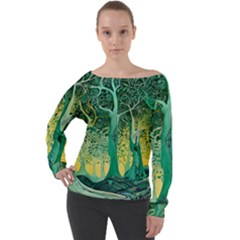 Trees Forest Mystical Forest Nature Junk Journal Scrapbooking Background Landscape Off Shoulder Long Sleeve Velour Top by Maspions