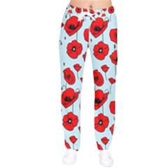 Poppies Flowers Red Seamless Pattern Women Velvet Drawstring Pants by Maspions