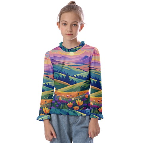 Field Valley Nature Meadows Flowers Dawn Landscape Kids  Frill Detail T-shirt by Maspions