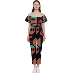 Abstract Geometric Pattern Bardot Ruffle Jumpsuit by Maspions
