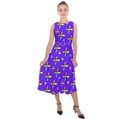 Abstract Background Cross Hashtag Midi Tie-back Chiffon Dress by Maspions