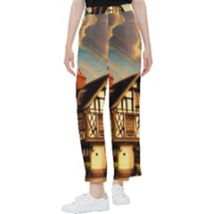 Village House Cottage Medieval Timber Tudor Split Timber Frame Architecture Town Twilight Chimney Women s Pants  by Posterlux