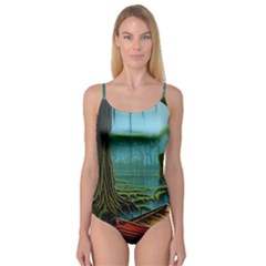 Boat Canoe Swamp Bayou Roots Moss Log Nature Scene Landscape Water Lake Setting Abandoned Rowboat Fi Camisole Leotard  by Posterlux
