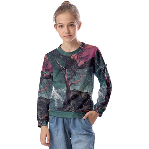 Night Sky Nature Tree Night Landscape Forest Galaxy Fantasy Dark Sky Planet Kids  Long Sleeve T-shirt With Frill  by Posterlux