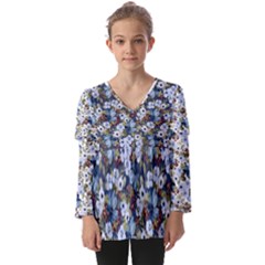 Blue Flowers Dark Blue Flowers Kids  V Neck Casual Top by DinkovaArt