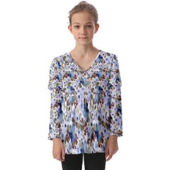 Blue Flowers Kids  V Neck Casual Top by DinkovaArt