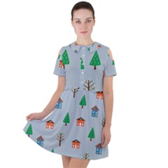 House Trees Pattern Background Short Sleeve Shoulder Cut Out Dress  by Maspions
