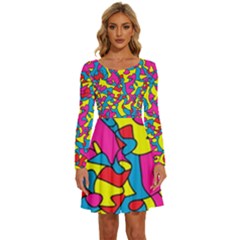 Colorful-graffiti-pattern-blue-background Long Sleeve Wide Neck Velvet Dress by designsbymallika