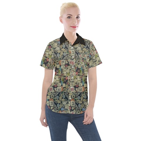 Sticker Collage Motif Pattern Black Backgrond Women s Short Sleeve Pocket Shirt by dflcprintsclothing