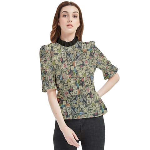 Sticker Collage Motif Pattern Black Backgrond Frill Neck Blouse by dflcprintsclothing