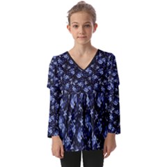 Stylized Floral Intricate Pattern Design Black Backgrond Kids  V Neck Casual Top by dflcprintsclothing