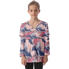 Waves Ocean Sea Water Pattern Rough Seas Digital Art Nature Nautical Kids  V Neck Casual Top by Bedest