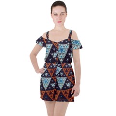 Fractal Triangle Geometric Abstract Pattern Ruffle Cut Out Chiffon Playsuit by Cemarart
