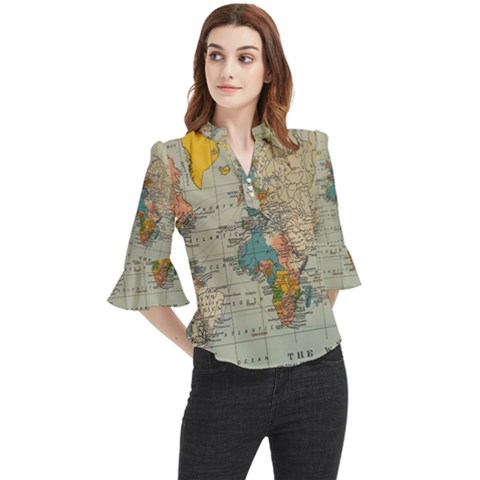 Vintage World Map Loose Horn Sleeve Chiffon Blouse by Proyonanggan