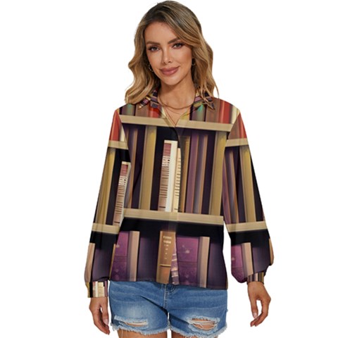 Books Bookshelves Office Fantasy Background Artwork Book Cover Apothecary Book Nook Literature Libra Women s Long Sleeve Button Up Shirt by Posterlux