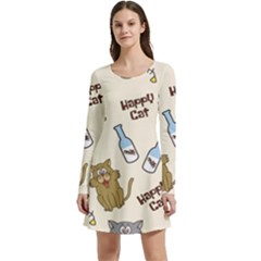 Happy Cats Pattern Background Long Sleeve Velour Skater Dress by Grandong