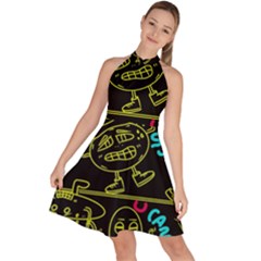 Keep Smiling Doodle Sleeveless Halter Neck A-line Dress by Cemarart