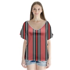 Rosa Grau Streifen V-neck Flutter Sleeve Top by 2607694c