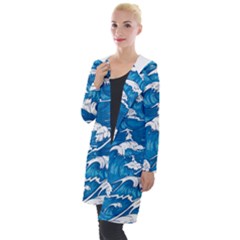 Storm Waves Seamless Pattern Raging Ocean Water Sea Wave Vintage Japanese Storms Print Illustration Hooded Pocket Cardigan by Ket1n9
