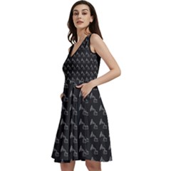 Vintage Turntable Graphic Motif Seamless Pattern Black Backgrond Sleeveless V-neck Skater Dress With Pockets by dflcprintsclothing