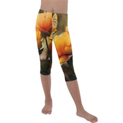 Yellow Butterfly Flower Kids  Lightweight Velour Capri Leggings  by Azkajaya