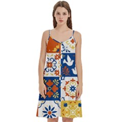 Mexican Talavera Pattern Ceramic Tiles With Flower Leaves Bird Ornaments Traditional Majolica Style Women s Spaghetti Strap Pullover Cami Dress by Ket1n9