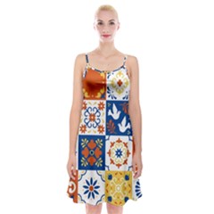 Mexican Talavera Pattern Ceramic Tiles With Flower Leaves Bird Ornaments Traditional Majolica Style Spaghetti Strap Velvet Dress by Ket1n9