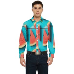 Watermelon Blue Background Men s Long Sleeve Shirt by Azkajaya