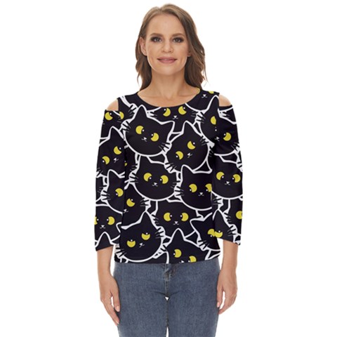 Cat Pattern Pet Drawing Eyes Cut Out Wide Sleeve Top by Loisa77