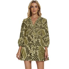 Yellow Snake Skin Pattern V-neck Placket Mini Dress by Ket1n9