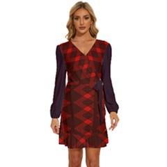 Pattern Rot Schwarz Long Sleeve Waist Tie Ruffle Velvet Dress by dedoma
