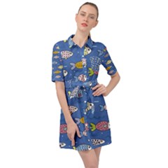 Sea Fish Blue Submarine Animal Belted Shirt Dress by Proyonanggan