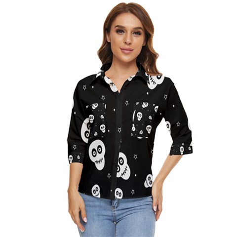 Skull Pattern Women s Quarter Sleeve Pocket Shirt by Ket1n9