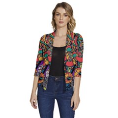 Cute Cartoon Doodle Women s Draped Front 3/4 Sleeve Shawl Collar Jacket by Bedest