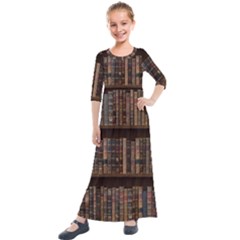 Old Bookshelf Orderly Antique Books Kids  Quarter Sleeve Maxi Dress by Ravend
